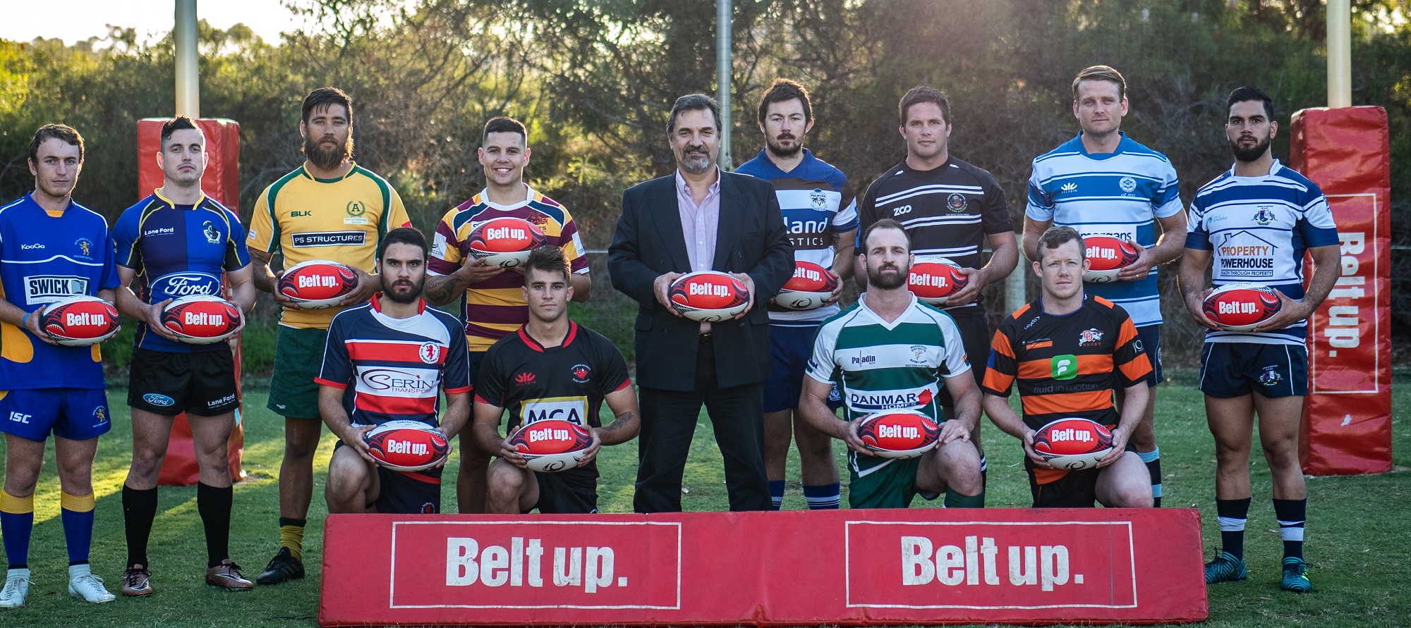 Deputy chief executive of the Insurance Commission Rick Howe with WA Premier Grade Captains promoting the Belt up partnership, March 2019